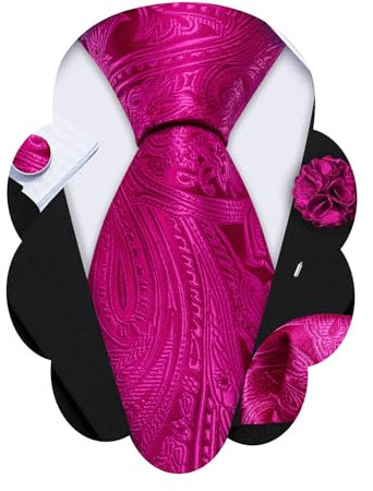 Barry.Wang Juego de corbatas para hombre, diseño de cachemira, seda, con diseño de flores, con solapa, alfiler de bolsillo, cuadrado, para boda, fiesta, negocios, fucsia, Taille unique