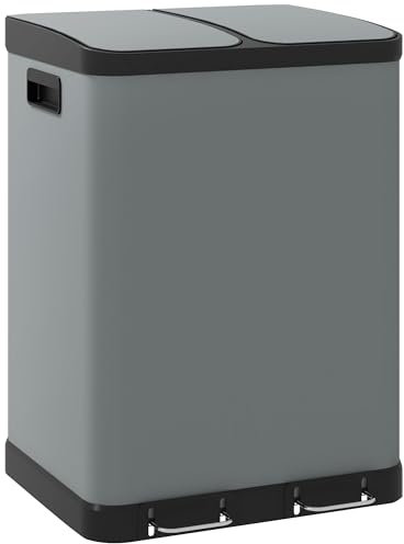 HOMCOM Mülleimer 2 x 30L Treteimer mit Pedal und Deckel, Abfalleimer, Mülltrennsystem Metall mit Inneneimer aus Kunststoff, Softclose für Wohnzimmer, Büro, Metall, 48,8 x 39,5 x 67 cm