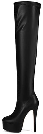 Feinlina Mode Frauen über Knie hoch Stiletto Plattform Heel Stiefel Nacht Sexy Schwarz Leder Oberschenkel hohe Stiefel (Schwarz,40)