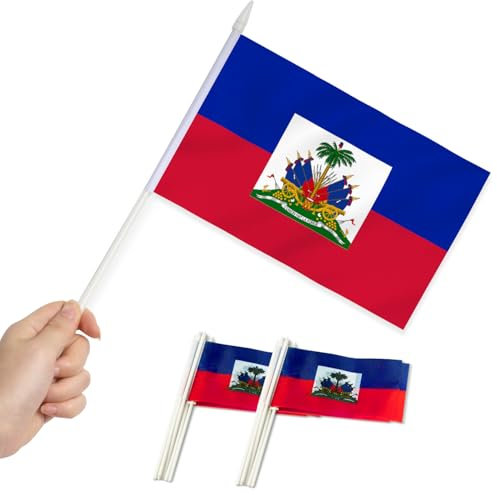 Lot de 12 mini drapeaux haïtiens Anley-Petits drapeaux miniatures haïtiens HT tenus à la main sur bâton-Résistants à la décoloration et couleurs vives-5x8 pouces avec mât solide et pointe de lance
