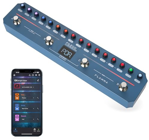 FLAMMA FG200 Intelligentes Gitarrenpedal mit 52 Ampere-Modelle, 5 Boost-Modelle, 16 CAB-Simulationen, 7 Effektmodule, 9 IR-Steckplätze, 40 Voreinstellungen, 40 Rhythmus-Stile