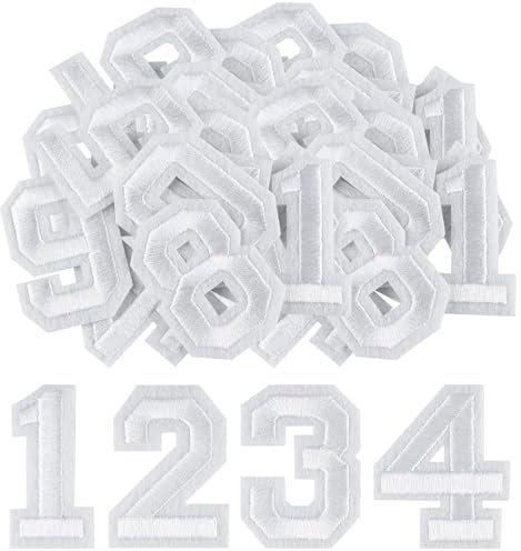 Morcheiong 40 Pcs Iron on Number Patches 0-9, 2 Inch Iron on Embroidered Numbers for Clothing, Pants, Hats, Bags- White
