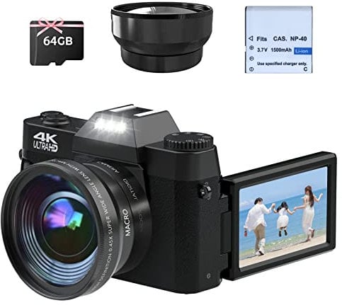 CCN Cámara Digital 4K 48MP Cámara de Fotos, con 180 ° Flip 3.0 de Pantalla, 16X Zoom Digital Cámara compacta, con Lente Gran Angular y Lente Macro, 64GB Tarjeta TF, Modelo Wi-Fi, nueva versión, Negro