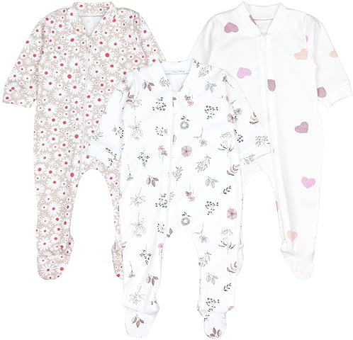 TupTam Baby Unisex Schlafstrampler Mädchen Schlafanzug mit Fuß Jungen Spieler 3er Pack, Farbe: Blätter Blumen Herzchen, Größe: 62