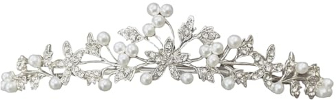 ONDEGO® Braut Diadem mit Perlen und Strass, 16 cm Länge, 3 cm Höhe, Silberfarben, Haarschmuck für Hochzeit