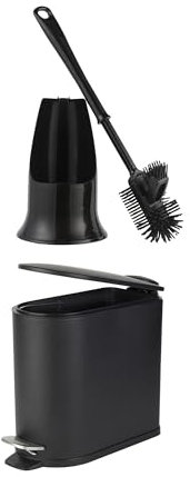 Beldray Silicone Toilet Brush & Bathroom Bin Set – Antibacterial Treated Rubber Bristles, Includes Holder for Scrubber, 5 Litre D-Shaped Sanitary Waste Bucket, Soft-Closing Lid, Space-Saving, Black