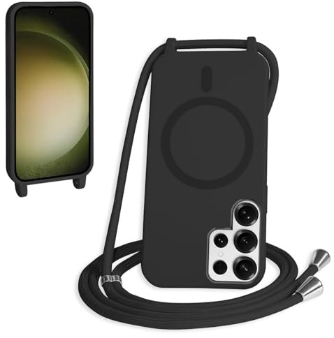 FMPCUON Magnétique Coque avec Cordon pour Samsung Galaxy S23 Ultra, [Compatible avec MagSafe] Etui Collier Réglable Téléphone Étui Portable Lanyard Case Protection Complète Cover,Noir