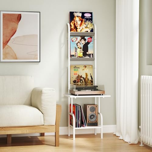 RELAX4LIFE Supporto per Giradischi, Scaffale Esposizione Vinili a 5 Livelli, Supporto per Giradischi con Porta Vinili, 50 x 51 x 145 cm (Bianco)