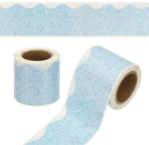 YOKIVE 2 Roll Scalloped Border Trim, 32.8Ft Wavy Line Bulletin Board Border for Bulletin Board Classroom Chalkboard Home Wall Office Decoration, Grain Light Blue