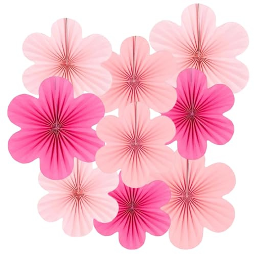 9 Pcs Pink Paper Flower Fans Decorations - Hanging Backdrop Decor for Birthday, Wedding, Baby Shower, Spring Tea Party & Table Decor