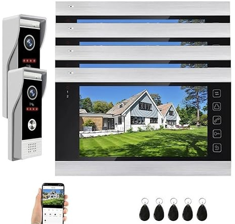 Tuya - Monitor touch screen WiFi da 7 pollici con campanello 1080p, sistema di videocitofono intelligente cablato, kit per porta WiFi, ideale per appartamenti, ville e case (2 campanelli + 4 monitor)