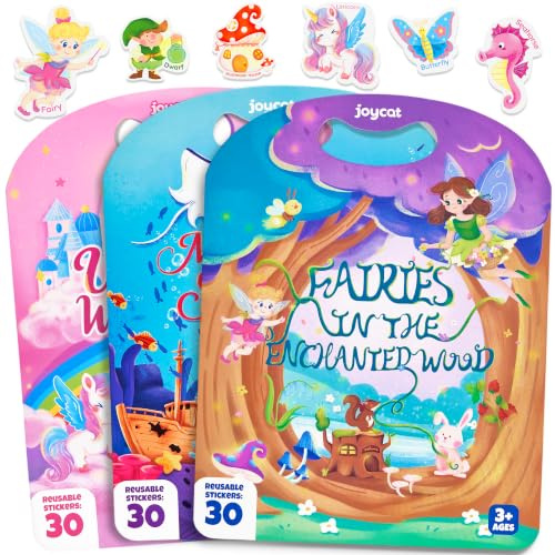 JoyCat 3 Stück Wiederverwendbares Stickerbuch ab 3 Jahre, 90 Sticker Kinder | Einhorn, Feen, Meerjungfrau, Aufkleber Kinder Aktivitätsbuch, Reisespielzeug, Geburtstag Geschenk für Jungen Mädchen