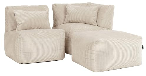 Icon Noa Cord Sitzsack Sofa mit Füllung, 3 Sitzer Modular Sofa, Beige | In Deutschland Hergestellt, Boneless Sofa, Weicher Cordstoff, Sitzsack Cord Sofa für Wohnzimmer und Schlafzimmer
