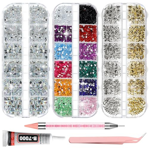 4200pcs Nail Rhinestones, 6 Sizes Silver AB Nail Gems, 6 Colors Mixed Rhinestones, 12 Styles of Nail Charms Bows, Including 15ml B-7000 Glue, Pick-Up Tweezers & Dotting Pen