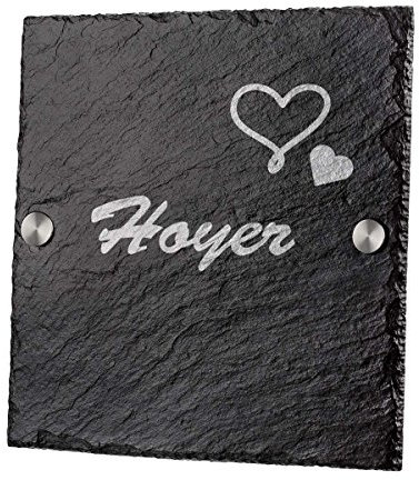 polar-effekt Personalisiertes Türschild mit Familien Name - Schiefertafel Geschenk zum Einzug - Namensschild Schieferplatte 20x20cm - Hausnummerschild mit Gravur - Motiv Herzen mit Namen