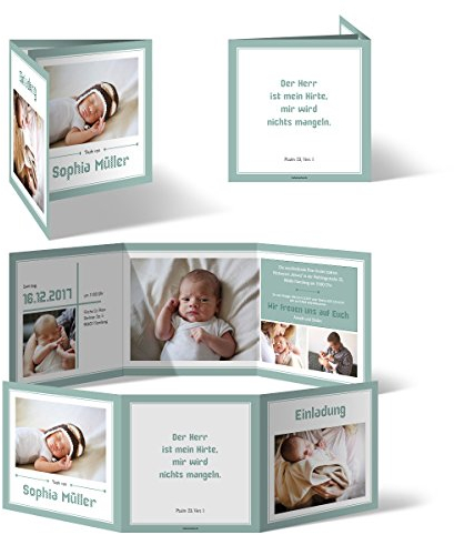 Taufeinladungen personalisiert (30 Stück) - Bildreich im Wickelfalz Quadratisch 148x148mm- Taufkarten Taufe Einladungskarten mit 6 eigenen Fotos, Menge wählbar, Dickes 300g/qm Kartonpapier