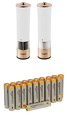 Tower T847003RW Electric Salt and Pepper Mills, Stainless Steel, White and Rose Gold, 5.6 x 5.6 x 22.5 cm with Amazon Basics Batteries