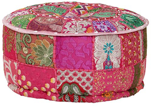 vidaXL Pouf Rond en Coton Patchwork Fait à la Main Rose Tabouret Repose-Pied