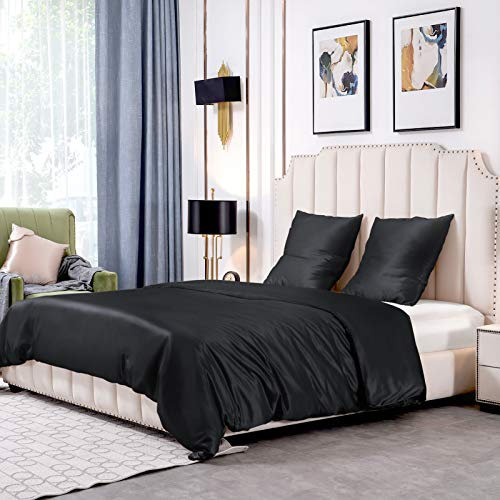 THXSILK 25 Momme Seidenbettwäsche Set 3 teilig, Bettbezug 240 x 220 cm und 2 Kissenbezüge 80 x 80 cm, Hypoallergen Maulbeerseide Bettwäsche Set, Ultra Weich und Glatt, Schwarz