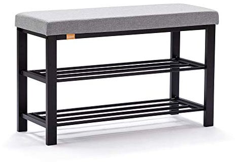 HNNHOME Canopus Shoe Bench,3-tier Shoe Rack Shelf Organiser with Padded Cushion Seat, Steel Frame, for Entryway Hallway Living Room Industrial Accent Furniture 81x32xH50cm (Light Grey, Linen)