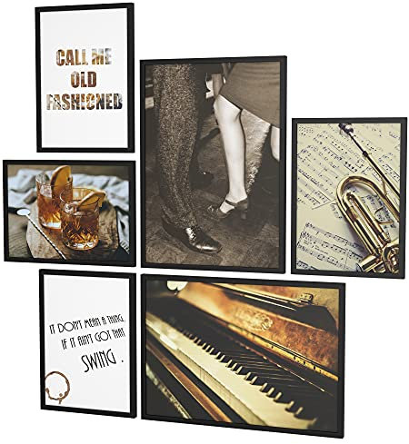 Papierschmiede® Mood Poster Set Jazz, Fertiges Bilder Set mit Rahmen (Holz, schwarz), Wohnzimmer Deko Schlafzimmer, 2x DIN A3 und 4x DIN A4, Musik Klavier Trompete Braun Vintage