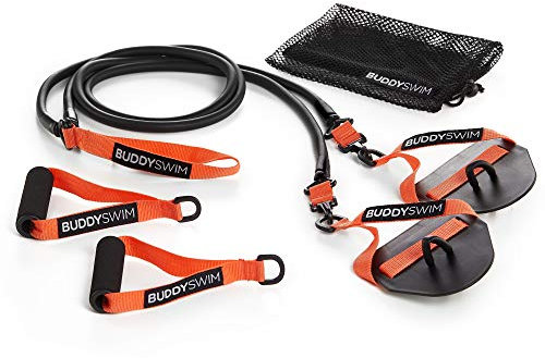 BUDDYSWIM Bandes élastiques de Natation Super Stroke avec poignées et palettes interchangeables. Elastique Musculation Traction pour l'entraînement à la nage à Sec. Bandes de Resistance Niveau Medium