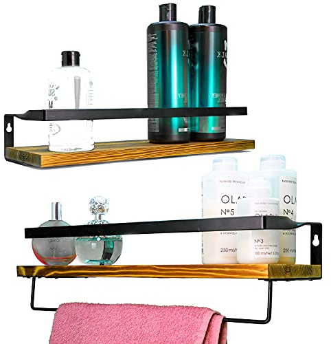 ONYXONE® 2er Set Wandregal Holz aus Kiefer/Küchenregal/Schweberegal/hängeregal/Regalbrett mit Handtuchhalter/Gewürtzregal/Holzregal für Badezimmer, Küche, Schlafzimmer, Wohnzimmer