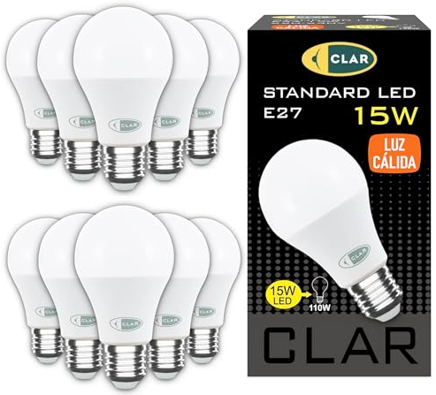 CLAR - Bombillas LED E27 Luz Calida, Bombilla LED E27 Luz Calida, Bombilla LED E27, Bombillas E27, Bombilla E27 LED, Bombilla LED E27 3000K, Bombillas E27 LED, Bombilla LED Luz Calida, 15W (Pack 10)