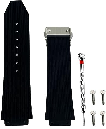 Mitekiic 25 mm Gummi-Uhrenarmband Ersatzband mit Werkzeug für Hublot Big Bang (schwarz gestreift, silberne Schnalle)