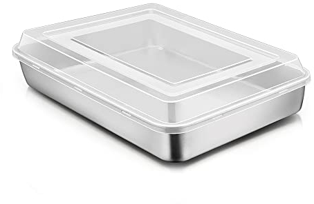 Joyfair Bandeja para hornear con tapa, Juego de bandejas para hornear de acero inoxidable, 23.8x17.8x5cm, Bandeja rectangular para hornear asar almacenar, ideal para pastel/brownie/lasaña