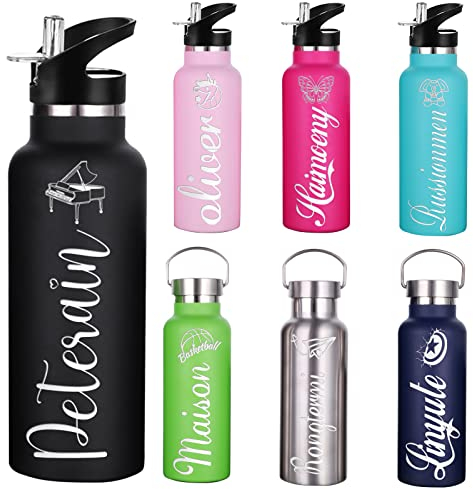 Botella de agua personalizada con cubierta de pajita, a prueba de fugas, botella de agua de acero inoxidable aislada para niños, termo para deportes al aire libre, gimnasio