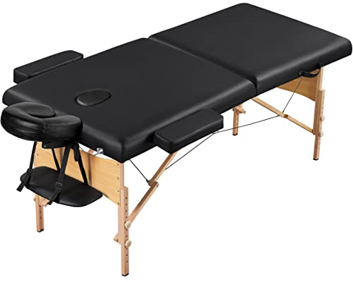 Yaheetech Portable Massage Table Folding Spa Beauty Bed Lightweight Tattoo Therapy Couch Wooden 70 cm Width 2 Section Black