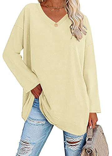 Famulily Ladies Long Sleeve Tunic Tops Women's Loose Casual V Neck T Shirt Yellow XXL