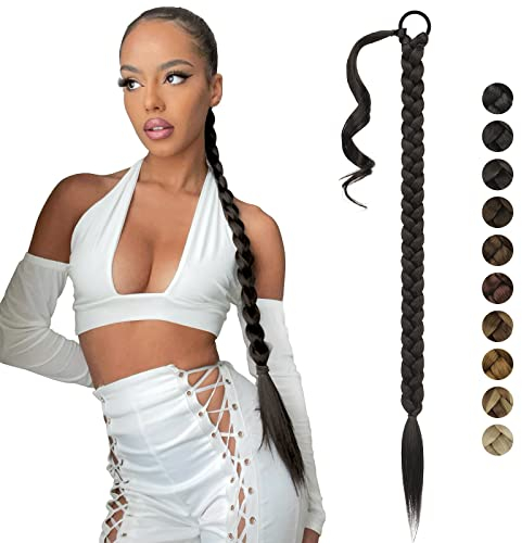 FESHFEN Braid Extensions Pferdeschwanz Verlängerung mit Haargummi, 85 cm Lang Ponytail Geflochten Kunsthaar Haarverlängerung Zopf Haarteil für Damen, Schwarz Braun