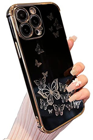 ZTOFERA Case for iPhone 14 Pro Max, Plating Butterfly Pattern Case with Electroplate Golden Edging, Flexible TPU Protective Shockproof Bumper Cover for iPhone 14 Pro Max 6.7 - Black