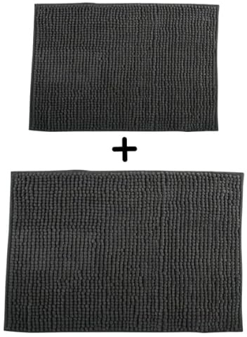MSV – 2er-Set Chenille-Mikrofaser-Badematten – Langflorig, rutschfest – Maschinenwaschbar – Praktische Aufhängeschlaufe – Optimaler Komfort und Hygiene – Dunkelgrau – 40 x 60 cm & 60 x 90 cm