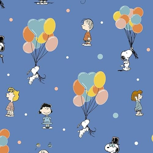 COTTON CRAFT Snoopy Peanuts Stoff aus 100 % Baumwolle, mittelgroße Cartoon-Figuren, Blau und leuchtende Farben, 111,8 cm breit, 145 g/m², halber Meter
