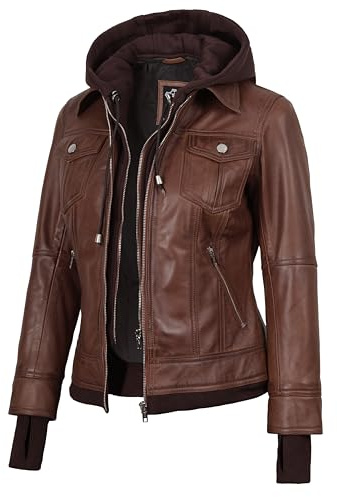 fjackets Giacche in pelle da donna - Cappuccio rimovibile e bomber giacca in vera pelle di agnello da donna, M