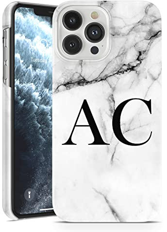 TULLUN Personalised Phone Case for iPhone 14 - Fully Printed 3D Hard Plastic Custom Cover Grey Marble Design Style individual Your Own Initials Name Text - Initials