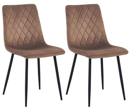 Esszimmerstühle 2er Set Braun – Samt Gepolstert mit Rautensteppung – Metallbeine Schwarz – Moderne & Bequeme Polsterstühle für Küche & Wohnzimmer