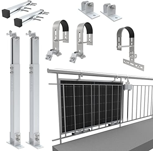 NuaSol - Balkonkraftwerkhalterung Geländer Befestigung für 1 Solarmodul, ein Wechselrichter Photovoltaik | rund | Set | Neigungswinkel 0° & 25-45°| Geländer Durchmesser bis 80mm, Silber