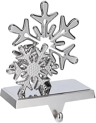 BELLE VOUS Schneeflocken Silber Kaminhaken Weihnachtsstrumpf Halter - 13 x 14 cm - Metallständer Deko mit Haken zum Aufhängen - Für Kaminsims- & Kamin Deko Weihnachten