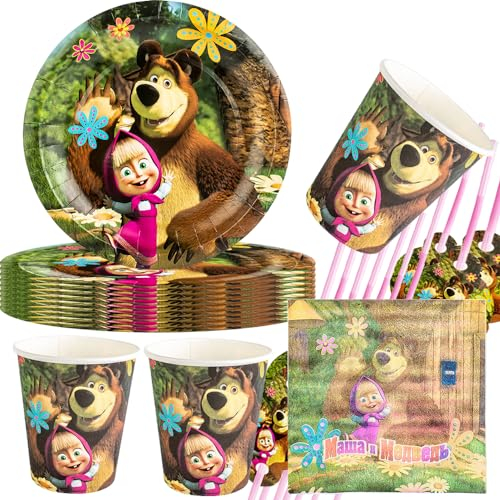 Glurak Mascha und Bär Geburtstagsparty Geschirr Geburtstagsdekoration, Igel Masha and Bear Enthält 10-7 Zoll-Kuchenteller, 10-Papierbecher, 10-Trinkhalm und 20-Servietten