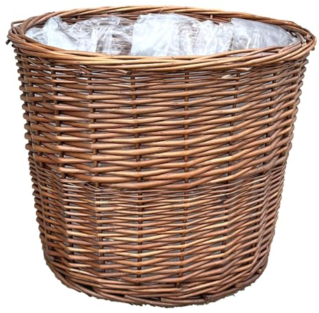 Arthur Cameron - Round Wicker Planter with Plastic Lining, Perfect for Indoor Plants & Flowers - Can also be used as a Waste Paper Bin/Bathroom Bin/Bedroom Bin (Large, Distilled Brown)
