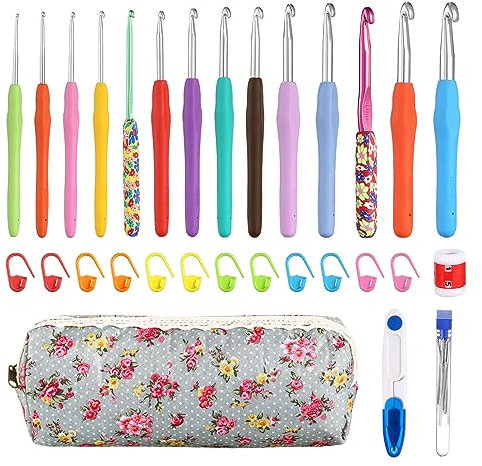 LIHAO Aiguille Crochet Tricot, 38 pcs Kit Crochet Debutant Complet Ergonomique avec Poignées en Caoutchouc à Prise Souple, Cadeau Soeur Mère Fille