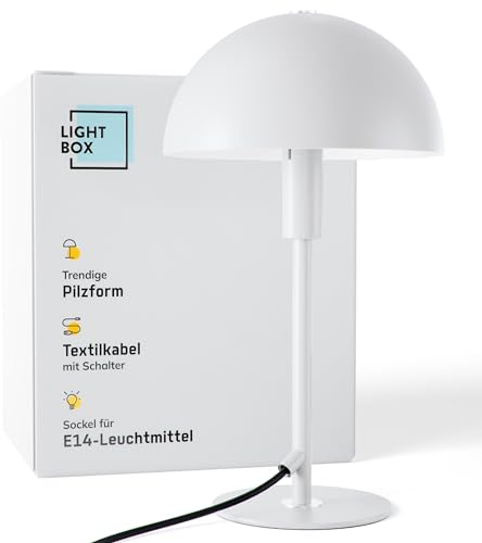 Lightbox Pilz-Tischlampe | Home Office Schreibtischlampe mit Wipp-Schalter | LED Lampe als Nachttischlampe, Büro und Schreibtisch Zubehör | E14 Fassung | aus Metall in Weiß Silberfarben
