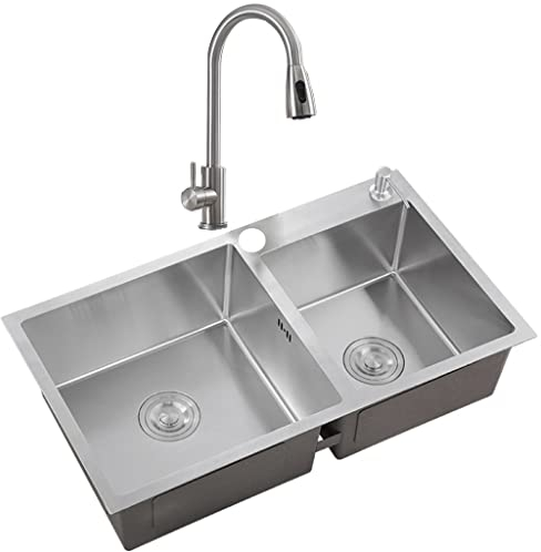 WIQUYBML Küchen-Doppelwaschbecken-Spülbecken aus Edelstahl mit Ablaufgarnitur und Zughahn, Drop-in- oder Unterbau-Installation/Silber/82 * 45 * 20 cm