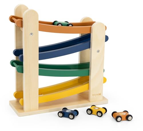 Trixie Wooden Ramp Racer with 4 Cars – FSC Certified Wood - Racing Track for Kids – Fun and Educational Toy for Toddlers and Preschoolers