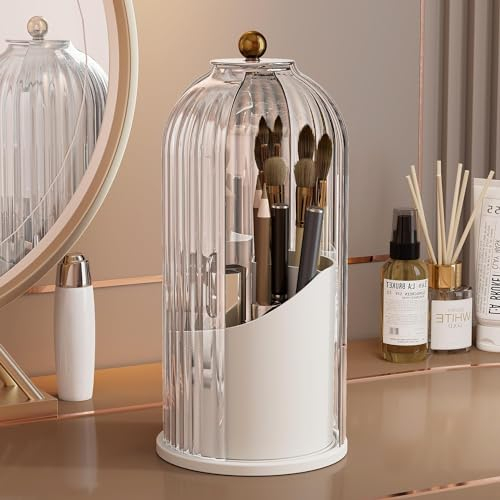 STORICANS Makeup Brush Holder Rotating Organiser with Clear Lid,Sliding Opening Dustproof Makeup Brush Case Make up Organizer Storage for Dressing Table Organiser,Vanity,White