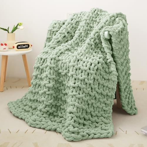 Decke Grob Gestrickte, Grobstrick-überwurf Strickwolle Dickes Garn, 100% Dicke Wolle Zum Handstricken Strickdecke, überwürfe Für Sofa Gestrickte Bettüberwurf-DeckenFürBetten, 76x101cm, Hellgrün